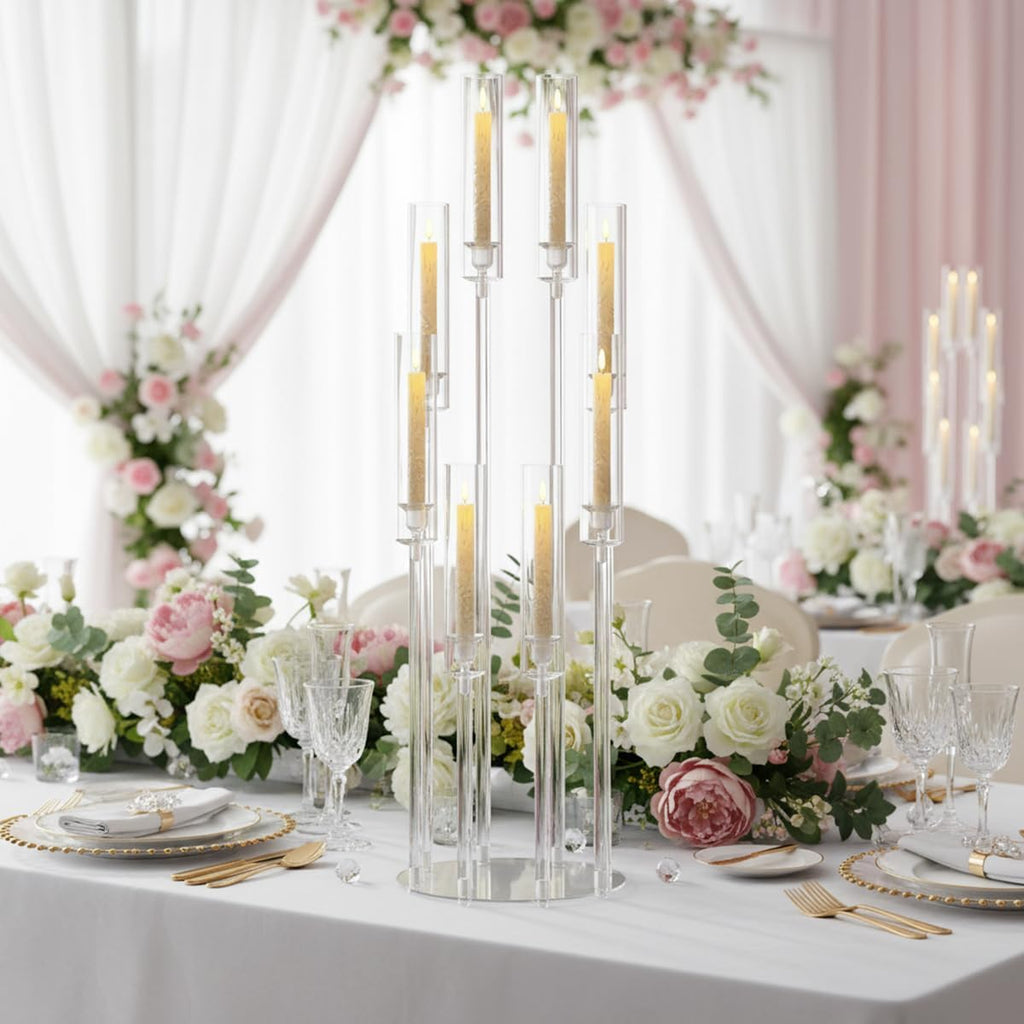8PCS Acrylic Candelabra Wedding Centerpieces for Tables,38.5 Tall Clear Floor Candle Holder Set with Shade Pillar Taper Candle Stand for Anniversary Party Brithday candelabros para centros de mesa