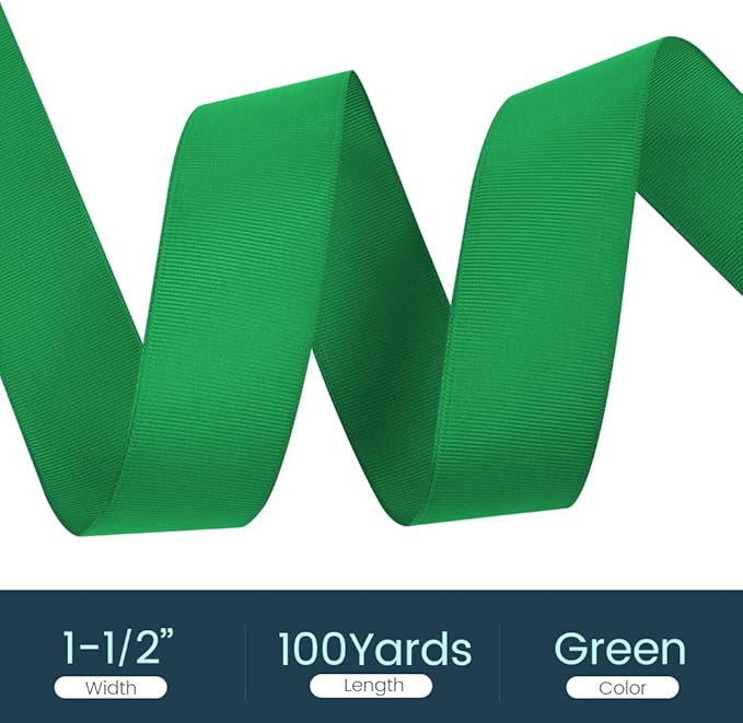 1-1/2" X 100 Yards Green Grosgrain Ribbon, Premium Grosgrain Ribbon for Sewing, Gift Wrapping, Bow Making, Wedding Decor, Wrapping and More (Green)
