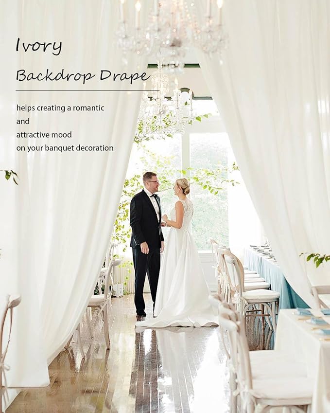 PartyVillage 50ft×15ft Ivory Backdrop Curtain for Wedding Parties, 10 Panels Wrinkle Free 15 FT Long Polyester Photo Backdrop Drapes Back Drop Cloth for Birthday Photography Background