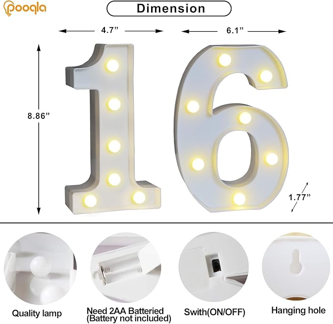 Pooqla 16th Birthday Decorations for Girls Boys, 35 Colors LED Light Up Numbers with Remote, Color Chaning Marquee Numbers Gift for Sweet 16 Party Decoration Wedding Anniversary Decor, Number 16