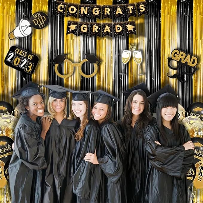 BRAVESHINE 3.2 x 8.2 ft Black Gold Foil Fringe Curtains - 2 Pack Metallic Photo Booth Streamers Backdrop for Boy Men Birthdays/New Years/Graduates/Homecoming/Farewell/Prom/Ramarak Party Decorations