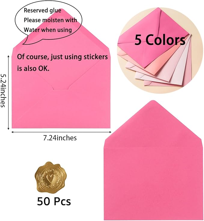 50 Pack Colored A7 Invitation Envelopes 5x7 with Gold Stickers for Cards and Invitations, 5 Colors (Pink, 5 1/4 x 7 1/4 inches)