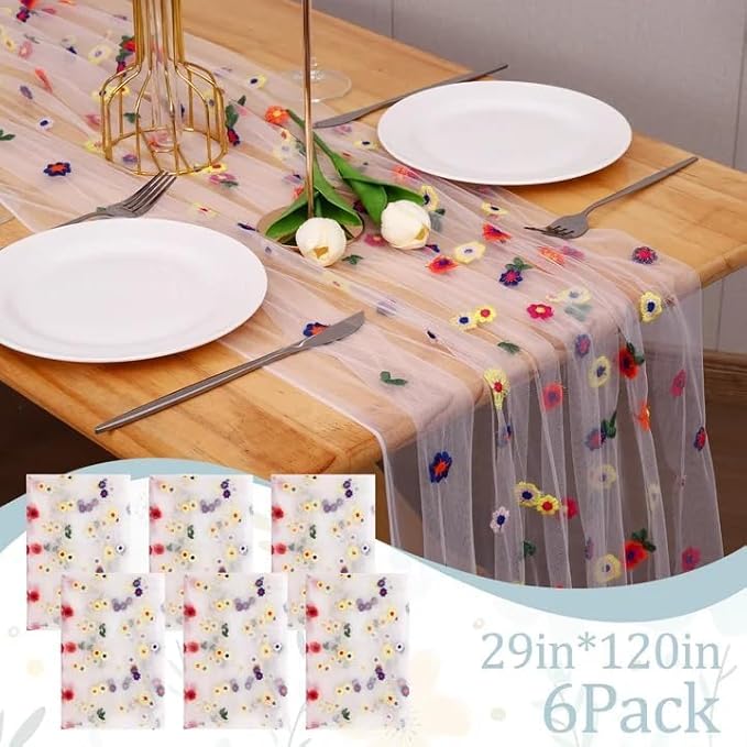 6PCS Lvory Floral Table Runner 10 FT, Embroidery Daisy Table Runners Seasonal Sheer Tulle Table Runner for Thanksgiving Wedding Birthday Baby Shower Party ﻿