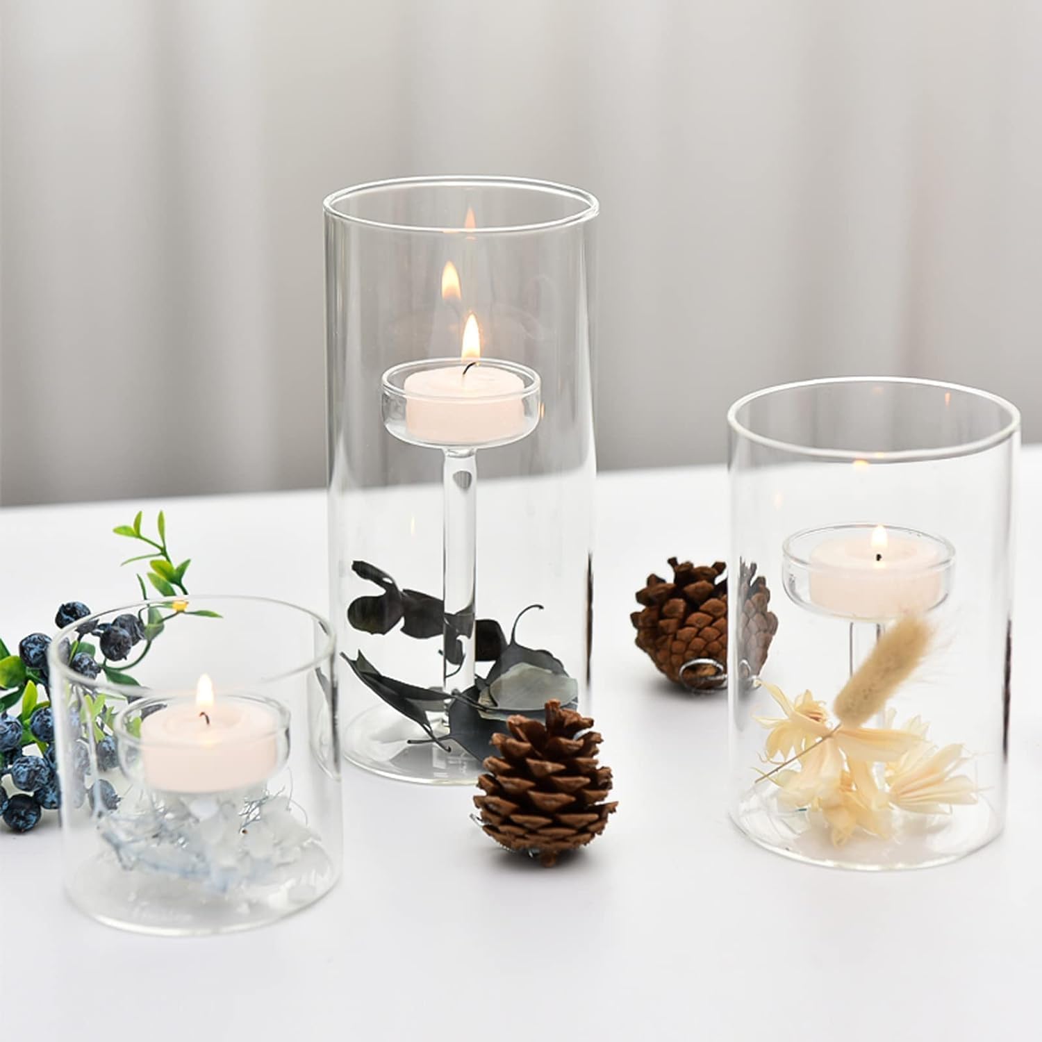 Glass Hurricane Candle Holder, 3pcs Clear Cylinder Candle Holders Bulk for Pillar Candles, Open Ended Glass Candle Pedestal for Wedding Centerpieces Tables, Party, Event(No.01)