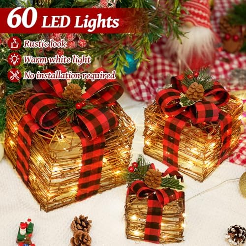 lawoho set of 3 christmas lighted gift boxes,rustic, package contents