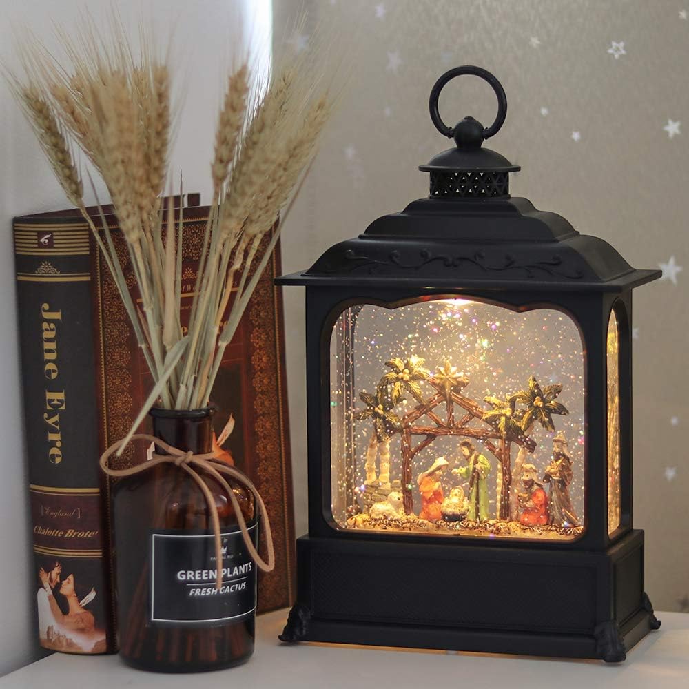GenSwin Nativity Musical Lighted Water Lantern Christmas Snow Globe with 6 Hour Timer, Battery Operated & USB Powered Singing Swirling Glitter Snow Globe Lantern Christmas Holiday Home Decor Gift(11”)