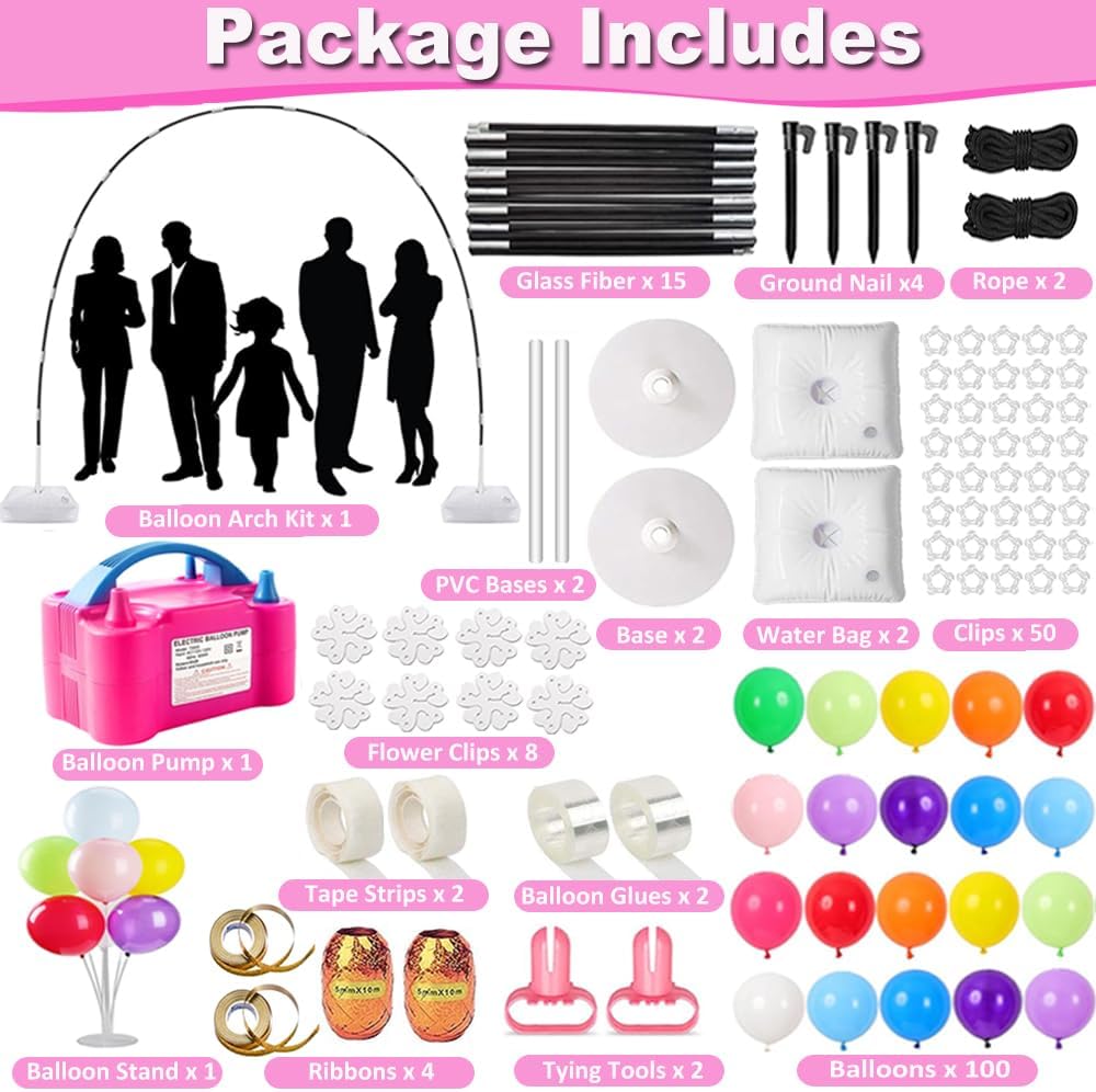 balloon arch kit and balloon pump, 9ft tall showing dimensions