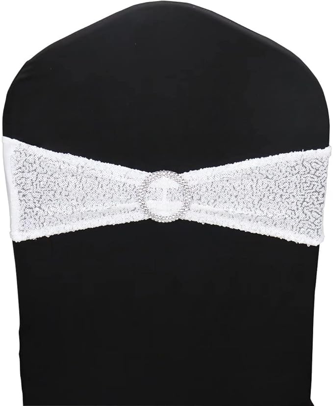 50 Pcs Chair Sashes Sequin Stretch Chair Bands Spandex Polyester Bows for Party Hotel Wedding Banquets Decoration - White