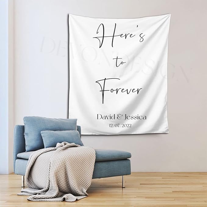 Here's to Forever Rustic Backdrop, Custom Tapestry with Names and Date, Personalized Calligraphy Banner for Ceremony, Reception Backdrop, Wedding Arch
