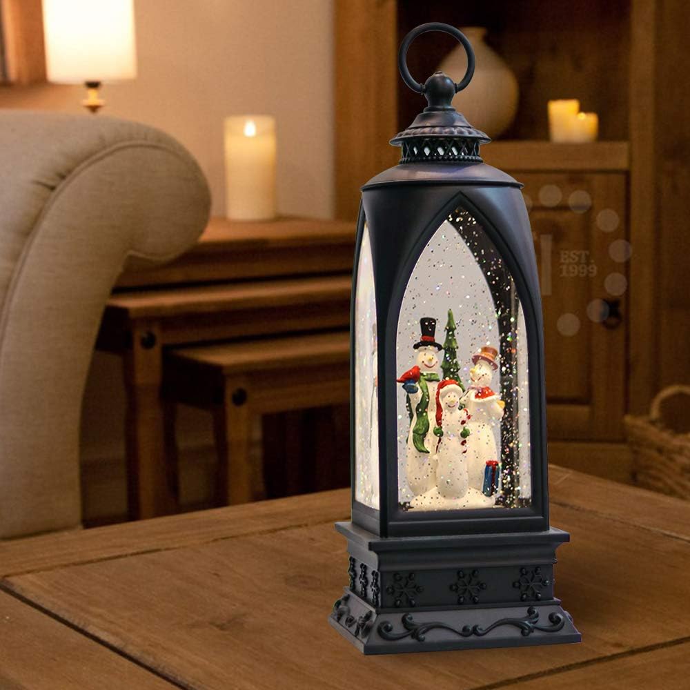 Eldnacele 12” Christmas Snow Globe Lantern Snowman with Music & Timer, USB Lined/Battery Operated Lighted Water Glittering Lantern for Christmas Festival Decoration Gifts – Snowman