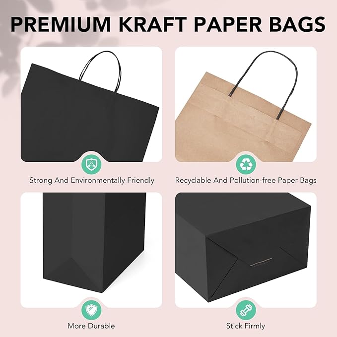METRONIC Kraft Paper Gift Bags with Handles 16x6x12 Inch 6000 Pack | Christmas, Birthday Party Favors, Retail Shopping, Small Business Bulk | Black Gift Wrap Bag