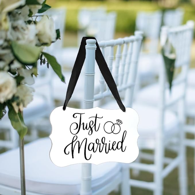 Acrylic Wedding Sign, Ring Bearer Sign, Just Married Decor, for Rustic Wedding Decor Hanging Signs, Acrylic Hanging Signs With Ribbon for Chairs Weddings Reception Decorations and Event Party (White)