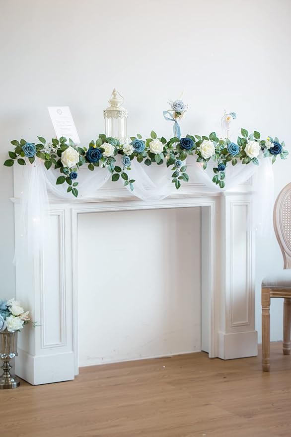 PONATIA 5FT Handcrafted Artificial Rose Flower Garland, Dusty Blue Flowers Greenery Garland for Wedding Ceremony Garlands Backdrop Arch Flowers, Ceremony Reception Table Decorations
