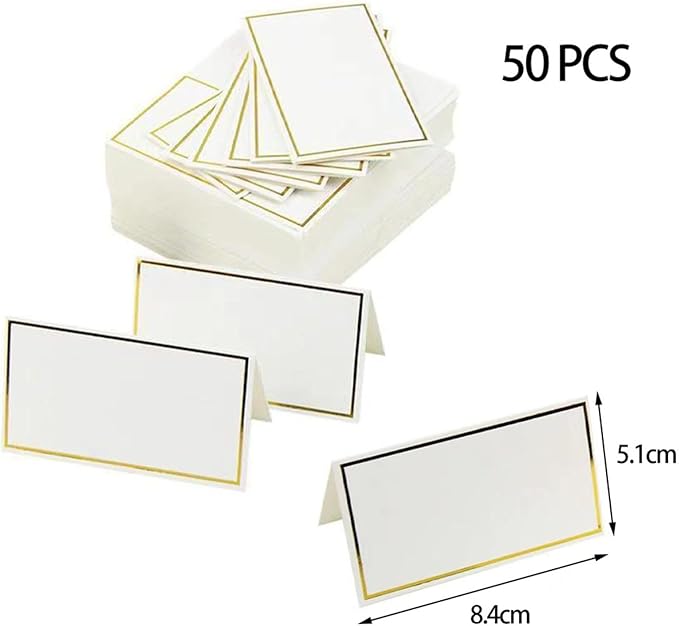 50Pcs Table Place Cards Wedding Name Cards with Gold Foil Border White Blank Small Tent Card for Table Setting Wedding Birthday Dinner Party (Gold)