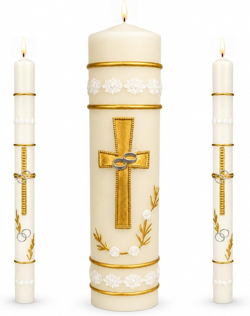 Unity Candles for Wedding Ceremony Set,Wedding Candles 1 Pillar 11.5 Inch and 2 Taper 10 Inch Set 3,Catholic Religious Ceremony Accessories,Velas para Boda (Cross & Rings)