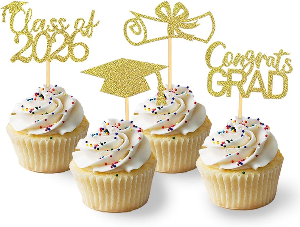 2026 Graduation Theme Cupcake Toppers Glitter Class of 2026 Graduation Cap Diploma Cupcake Picks - Set of 24 (Gold)