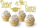 2026 Graduation Theme Cupcake Toppers Glitter Class of 2026 Graduation Cap Diploma Cupcake Picks - Set of 24 (Gold)