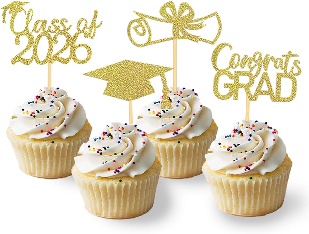 2026 Graduation Theme Cupcake Toppers Glitter Class of 2026 Graduation Cap Diploma Cupcake Picks - Set of 24 (Gold)
