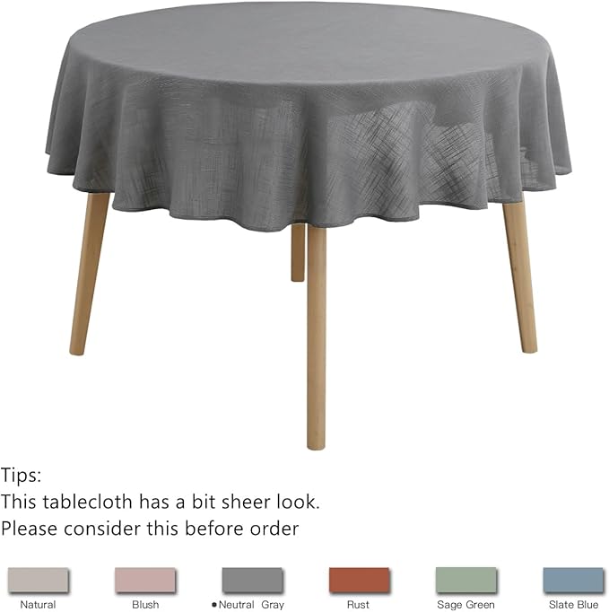 maxmill Lux Faux Linen Tablecloth with Slubby Texture Wrinkle Resistant Anti-Shrink Soft Table Cloth for Kitchen Dining Restaurant Tabletop for Event Holiday Dinner Round 70 Inch Neutral Gray