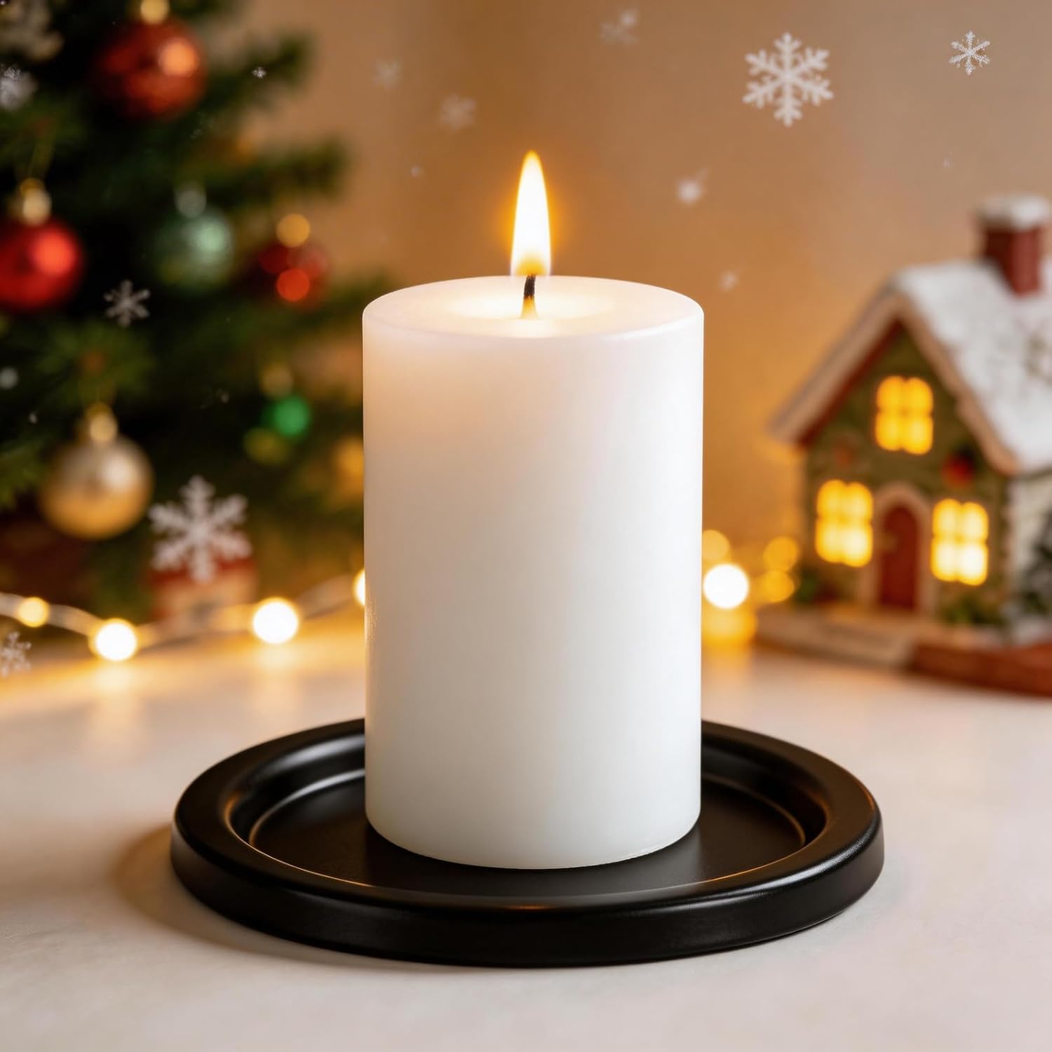 Matte Black Candle Holders Set of 2, Iron Pillar Candle Tray for 3 Inch Candles, Wax Catching Metal Candle Plate for Wick & LED Candles, Decorative Candle Stand for Table Centerpiece