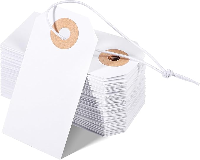 Prudiut 100 Pack Gift Tags with Elastic String White Price Tags Marking Hang Tag Attached Reinforced Hole Writable for Christmas Gifts Inventory Tag Stocking Stuffers 2.75'' x1.37''