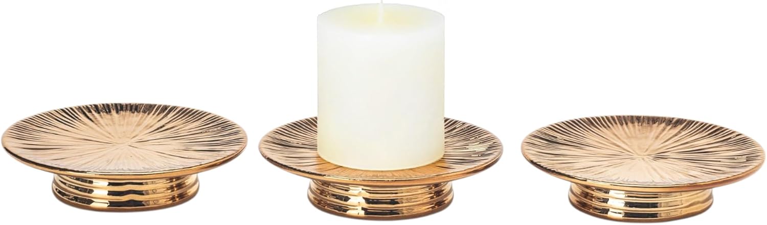 Ceramic Bronze Candle Plate Set, 3-Piece – Decorative Candle Holder Tray for Pillar Candles, Jewelry, Trinkets or Bathroom Counter – Antique Bronze Finish for Tabletop & Home Décor