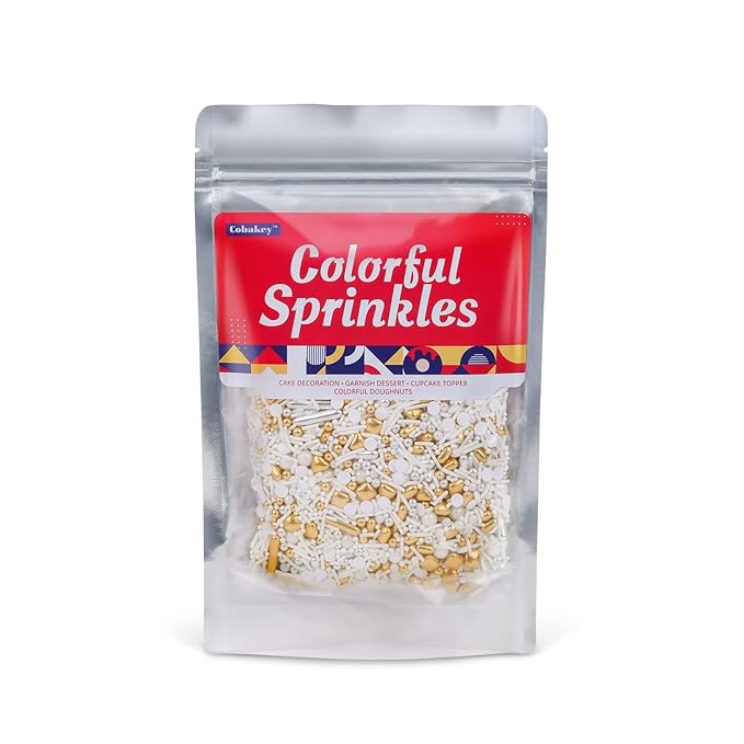 White Deluxe Gold Sprinkles for Cake Decorating 7ounce - Gold Sugar Pearl Metallic Sprinkles for Cupcake Toppers, Ice Cream, Candy, Cookie Decorations - Jimmies, Confetti for Wedding Party Celebrations