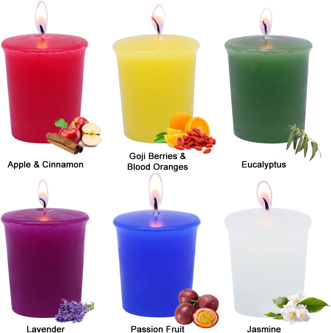 Scented Votive Candles for Home Decoration, 2 Inches Aromatherapy Candle Set with 6 Fragrances - Apple&Cinnamon, Jasmine, Eucalyptus, Lavender, Wolfberry&Blood Orange, Passion Fruit