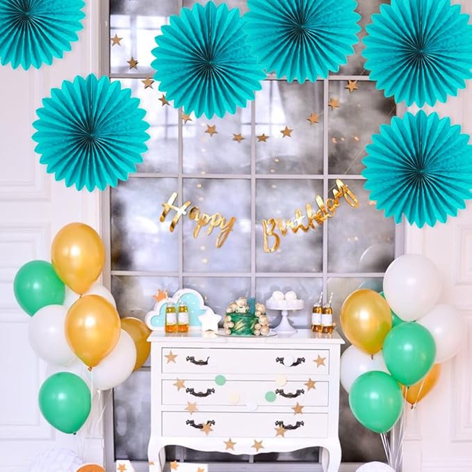 Easy Joy Teal Party Decorations Paper Fans Birthday Wedding Home Party Hanging Decoration, Set of 6 (14 Inches, Teal)