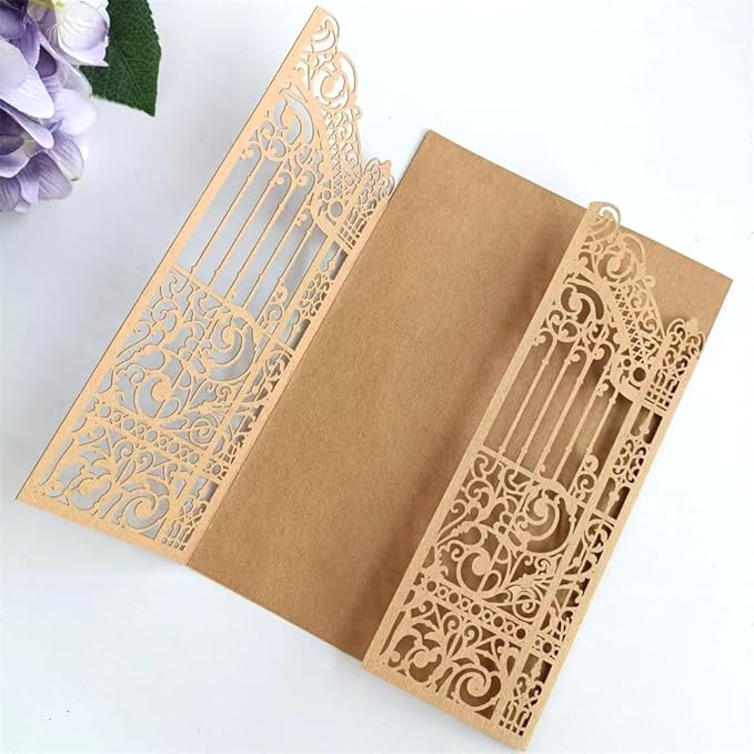 MillaSaw Craft Paper Fence Laser Cut Invitation Card For Wedding Birthday Anniversary 25pcs (4.9"x7.1", brown)