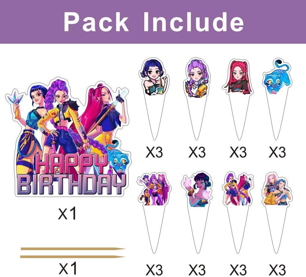 25pcs Demon Hunters Cake Decorations with 24pcs Cupcake Toppers, 1pcs Cake Topper for Demon Hunters Birthday Party Supplies Kids Birthday Decorations