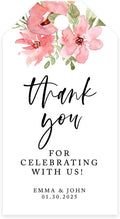 Andaz Press 100-Pack Personalized Thank You for Celebrating with Us Wedding Favor Tags with Bakers Twine Coral Watercolor Florals Custom Cardstock Wedding Gift Tags for Party Favors 2 x 3.75-Inches