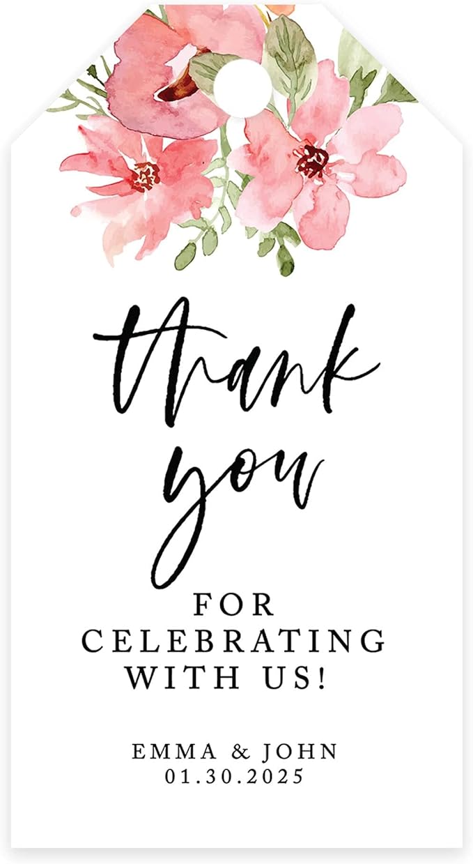 Andaz Press 100-Pack Personalized Thank You for Celebrating with Us Wedding Favor Tags with Bakers Twine Coral Watercolor Florals Custom Cardstock Wedding Gift Tags for Party Favors 2 x 3.75-Inches
