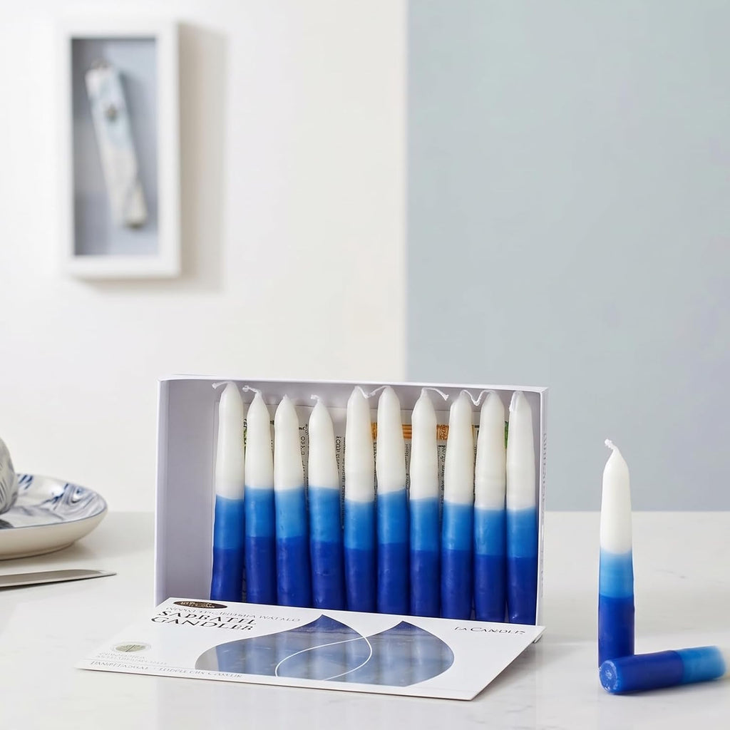 Rite Lite White & Blue Tricolor Shabbat Candles Premium 12 Pack Traditional Sabbath Dinner Table Jewish Home Decor Shabbos Candles Judaica Centerpiece Beautiful Gift Box & Hebrew English Blessing Card