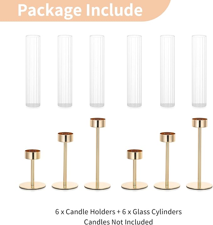 NUPTIO Hurricane Candle Holder for Centerpiece: Set of 6 Tall Candle Stick Holder with Ribbed Glass Cover - Bulk Fluted Taper Candlestick Decor for Living Room Thanksgiving Christmas