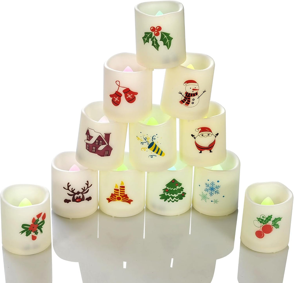 CANDLE CHOICE Christmas Color Changing Battery Operated Flameless Votive Candles Small Realistic Electric LED Votives with Christmas Theme Decals for Xmas Party Decorations 12 Pack Batteries Included