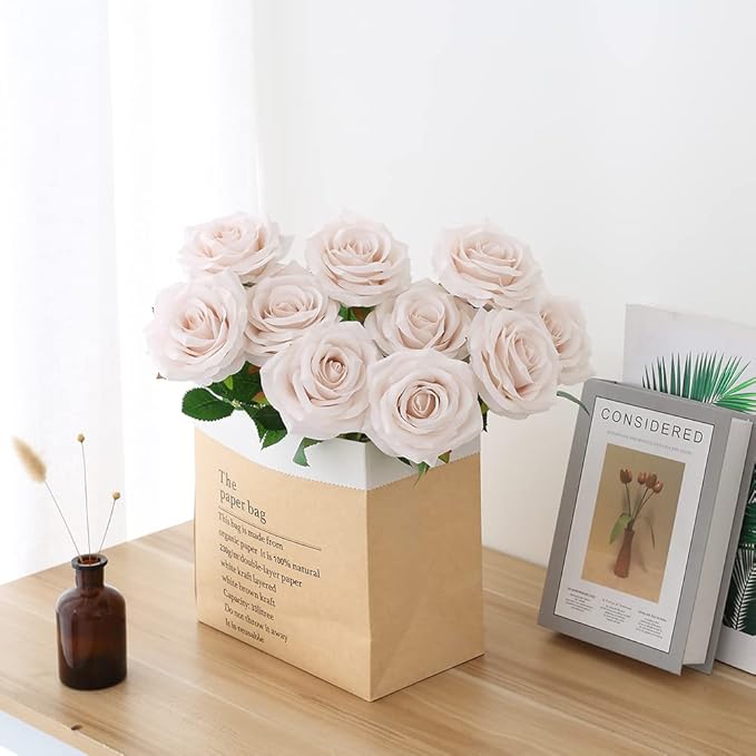 Artificial Rose 10pcs Open Flower Bouquet Faux Rose Stems for Wedding Arrangement, Bridal Bouquet, Centerpiece, Fake Faux Silk Flowers (Nude)