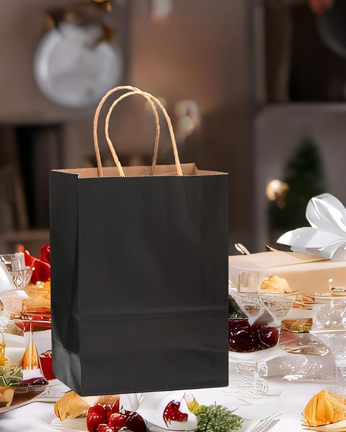 qiqee 50-Packs Black Paper Gift Bags with Handles Bulk 11"x8.3"x4.3" Medium Size Paper Bags Multiple Uses