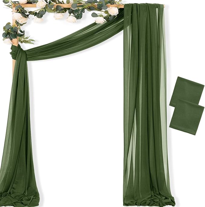 MLMC Olive Green Wedding Arch Draping Fabric 2 Panels 29" x 20 FT Extra Long Gauze Drapes Sheer Backdrop Curtains 6.6 Yards Outdoor Drapery Panels for Wedding Ceremony Party Ceiling Decoration