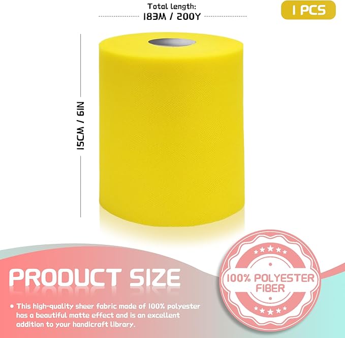 6" x 200 Yards Yellow Tulle Fabric Rolls, Yellow Spool Tulle Ribbon for DIY Tutu Skirt Wedding Decoration Baby Shower Birthday Party Backdrop Gift Wrapping Bow Craft Supplies