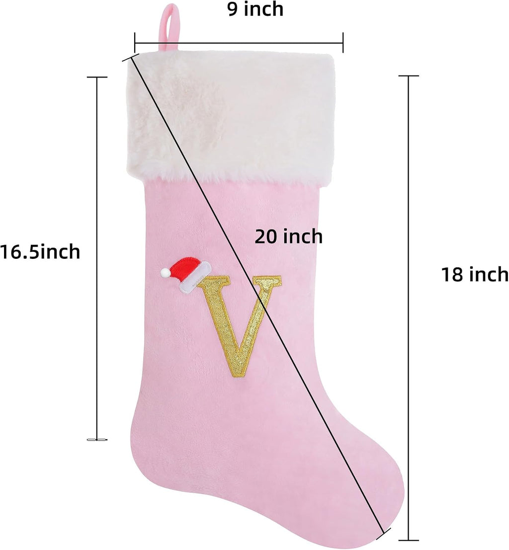 20-Inch Letter Embroidered Christmas Stocking Thick and Luxurious Pink Velvet with Super Soft Plush Cuff Personalized Festival Decoration for Xmas and New Year Party(Letter C)