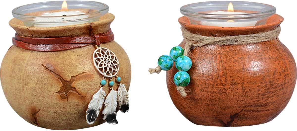 BLACK FOREST DECOR Southwest Pots Candle Holders – Set of 2 Rustic Votive Holders – Twine & Bead Accent – 3.6" x 2.8"