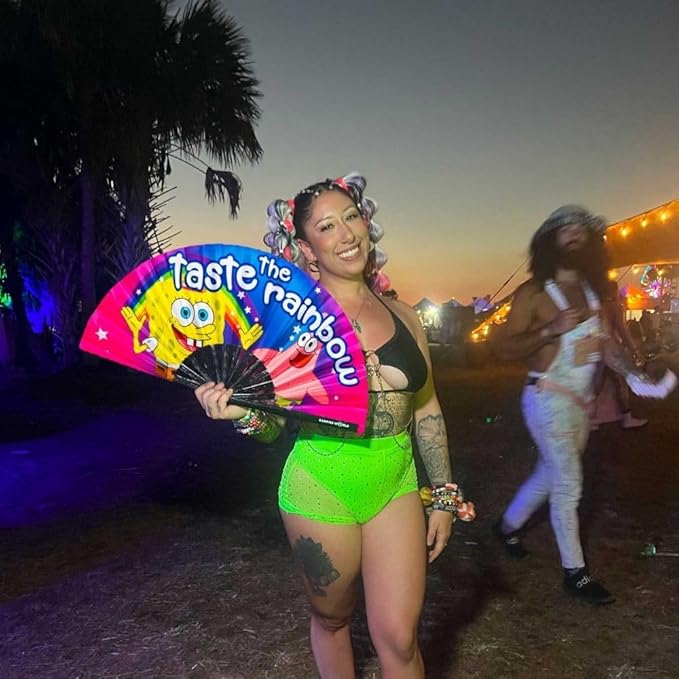 Kandies World UV Reactive Custom Festival Folding Hand Fan - Unique Designs, Made of Bamboo, Clacking Sound, Lightweight - Perfect Rave and Festival Accessory!