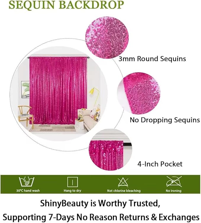 ShinyBeauty 4x10ft Fuchsia Sequin Backdrop | 2 Panels Glitter Curtains for Wedding, Parties, and Photography Backgrounds
