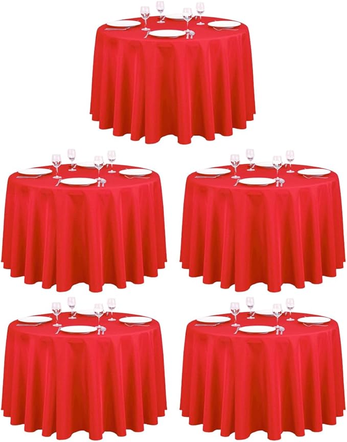 LTC LINENS 5 Pack 108 Inch Round Tablecloths Red - Bulk for 48 Inch Round Table Floor Length - Wrinkle Resistant Polyester Fabric Cloth for Wedding