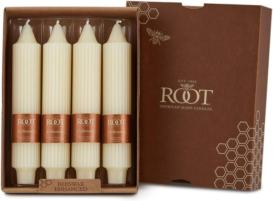 Root Candles 4-Count Unscented Dinner Candles Dripless Beeswax Enhanced Grecian Collenette Boxed Candle Set, 7-Inch, Ivory