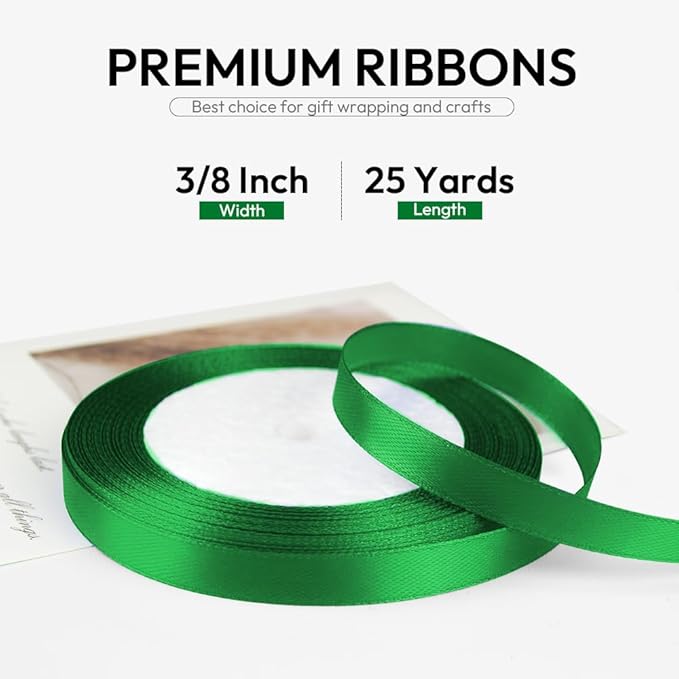 3/8 Inch 25 Yards Satin Ribbon Green, Solid Color Fabric Ribbon for Gift Wrapping, Wedding, Polyester Gift Ribbon for Birthday Party Decoration, Craft, Hair, Floral, Sewing