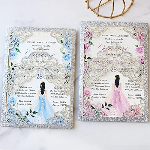 Hosmsua 50PCS 5.1x7.3 Inch Silver Glitter Quinceanera Invitations Cards Laser Cut Floral Crown Pocket Invitation with Envelopes for Birthday Bridal Shower