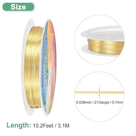 0.7 mm/21 Gauge Copper Wire for Jewelry Making, 10.2FT Copper Beading Craft Wire for Jewelry/Weaving/DIY Crafting/Planting, Color-Retaining [3.1M, KC-Gold]
