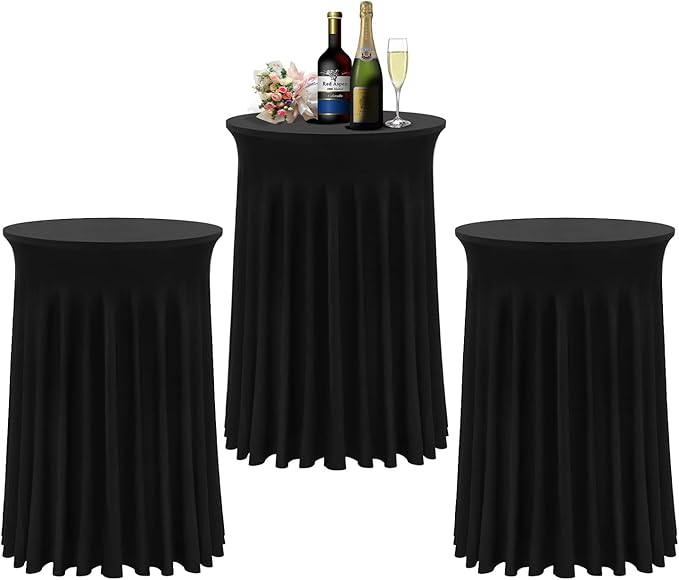 Cocktail Table Covers - 3 Pack 32"x 43" Black Cocktail Table Tablecloth with Natural Wavy Round Skirt for Bar Wedding Party Banquet
